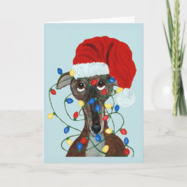 Invitación Galgo de Santa enredado en luces de Navidad