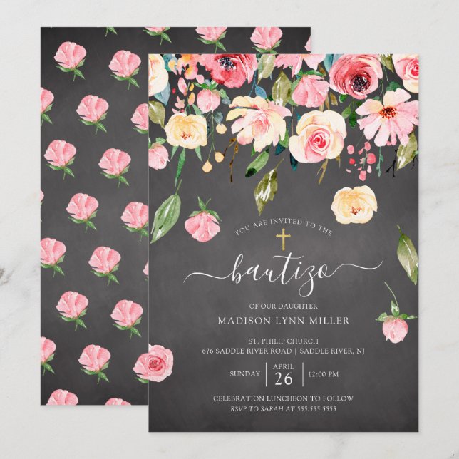 Invitación Galkboard Peonies rosados florido bautismo español (Anverso / Reverso)