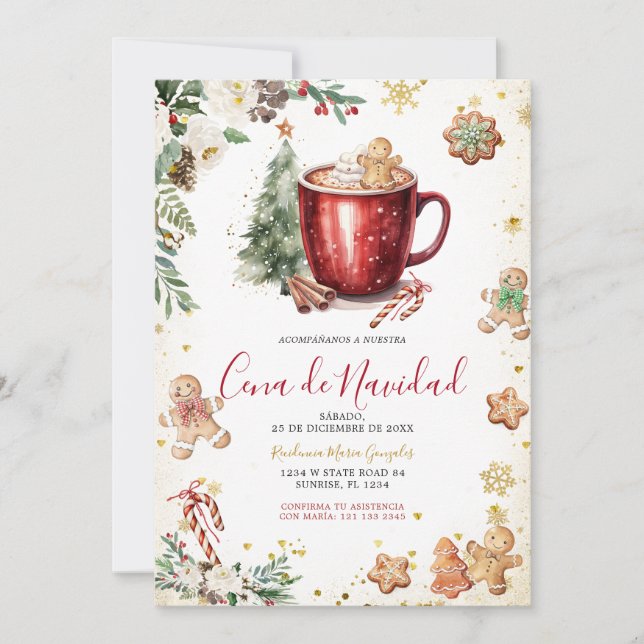 Invitación Galleta Cocoa Navidad Española Cena De Navidad (Anverso)