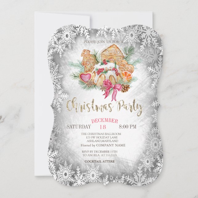 Invitación Galleta de jengibre,Gris Copos de nieve Navidad (Anverso)