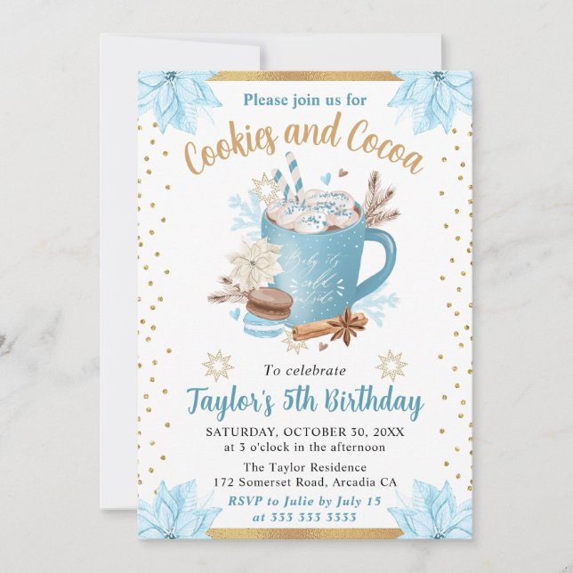 Invitación Galletas de invierno de acuarela azul y cumpleaños (Anverso)