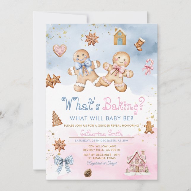 Invitación Galletas de jengibre Niño Niña Rosa Azul Invierno  (Anverso)