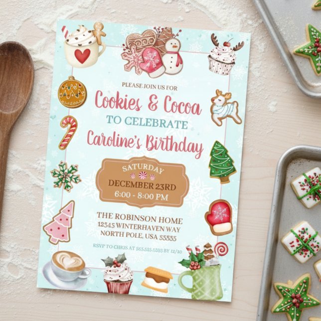 Invitación Galletas de Navidad y cacao de cumpleaños rosadas  (cute cookies and hot cocoa christmas birthday party exchange invitations)