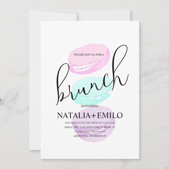 Invitación Galletas Macaroon Ramo Pastel Desayuno Bridal Show (Anverso)