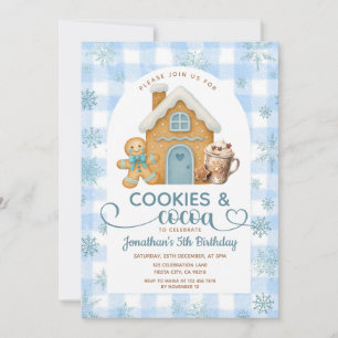 Invitación Galletas y Cacao Cumpleaños Azul Cuadros Copos de