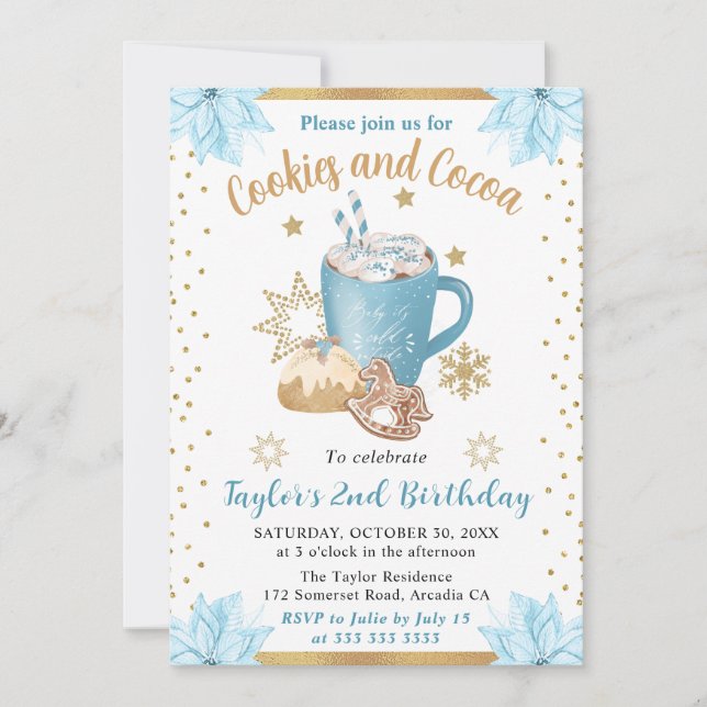 Invitación Galletas y cacao de invierno azul de cumpleaños (Anverso)