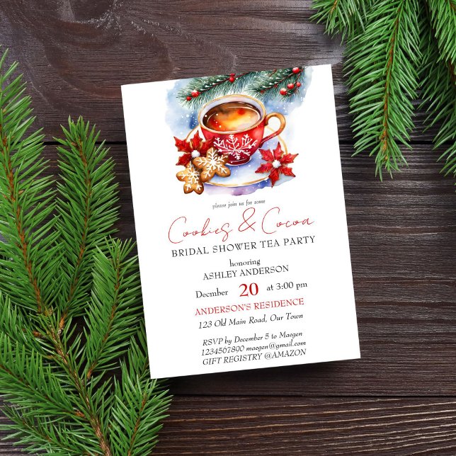 Invitación Galletas y cacao fiesta de té de la ducha de novia (Cookies and cocoa Christmas winter bridal shower tea party editable template digital download modern)
