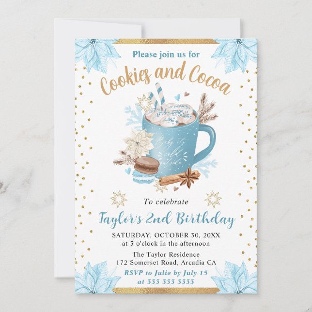 Invitación Galletas y Cocoa de Invierno Azul Cumpleaños (Anverso)