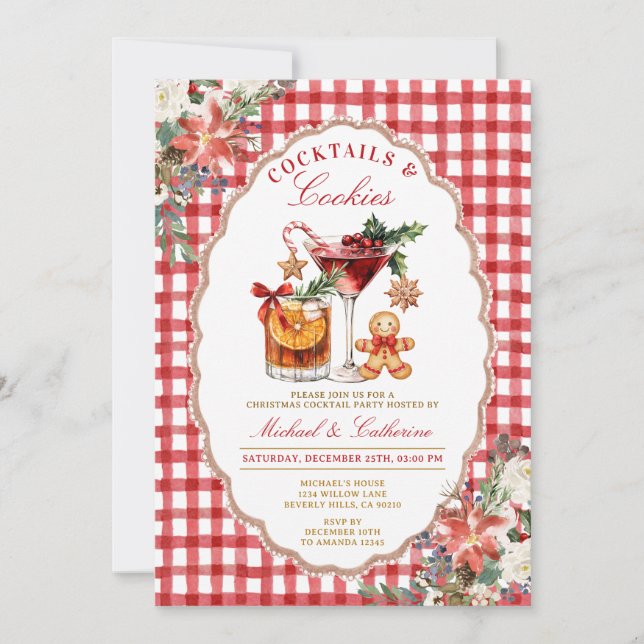 Invitación Galletas y Cócteles Rojo Rústico Acogedor Gingham (Anverso)