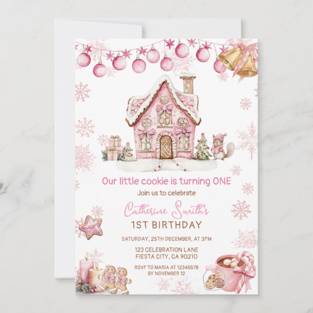 Invitación Galletita rosa de Navidad cumpleaños 1  (Anverso)