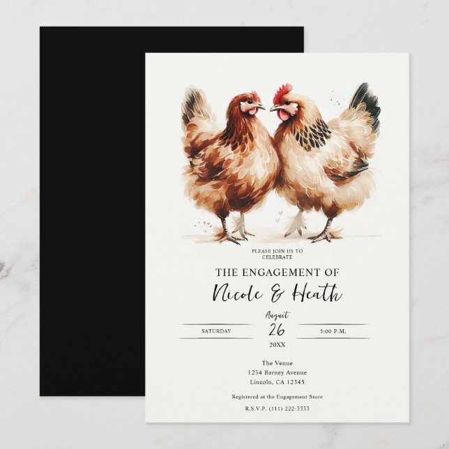 Invitación Gallinas Marrones Aquarela Fiesta de Compromiso Rú (Anverso / Reverso)