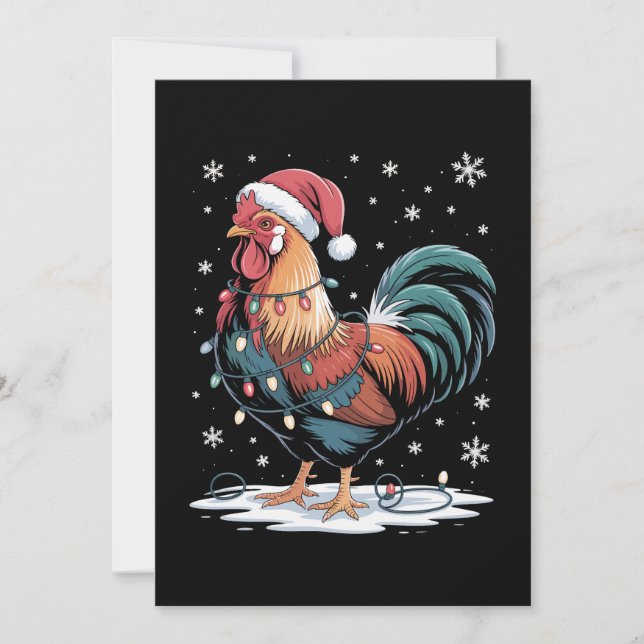 Invitación Gallo de Navidad Gorro de Santa Luces de Pollo Gra (Anverso)