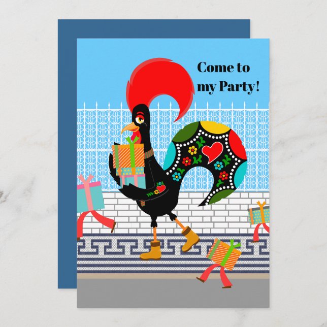 Invitación Gallo de Portugal con regalos Primer Fiesta de Cum (Anverso / Reverso)
