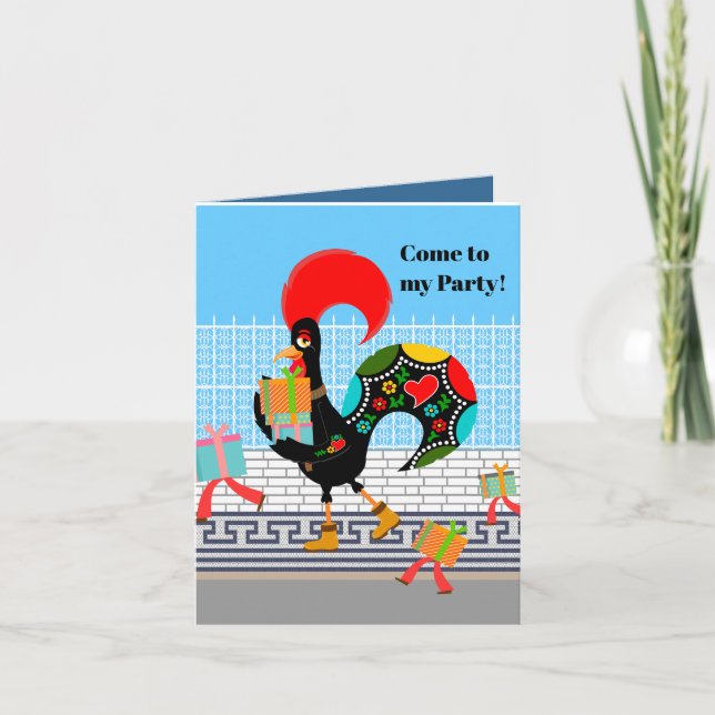Invitación Gallo de Portugal con regalos Primer Fiesta de Cum (Anverso)