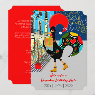 Invitación Gallo Divertido, Luces de Navidad, Fiesta de Cumpl
