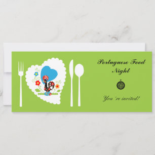 Invitación Gallo portugués con puntos de polka verde claro.