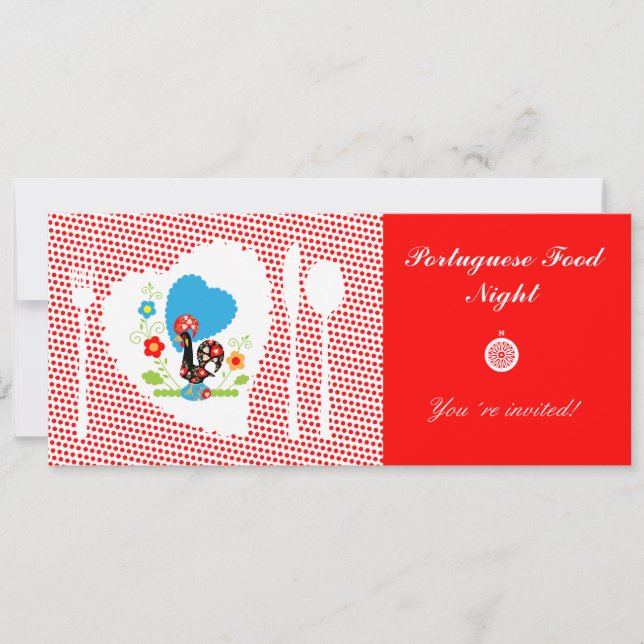 Invitación Gallo portugués con puntos rojos de polka (Anverso)