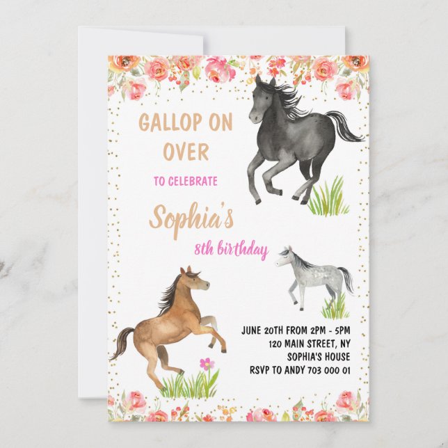 Invitación Gallop de caballo por fiesta de cumpleaños Chica (Anverso)