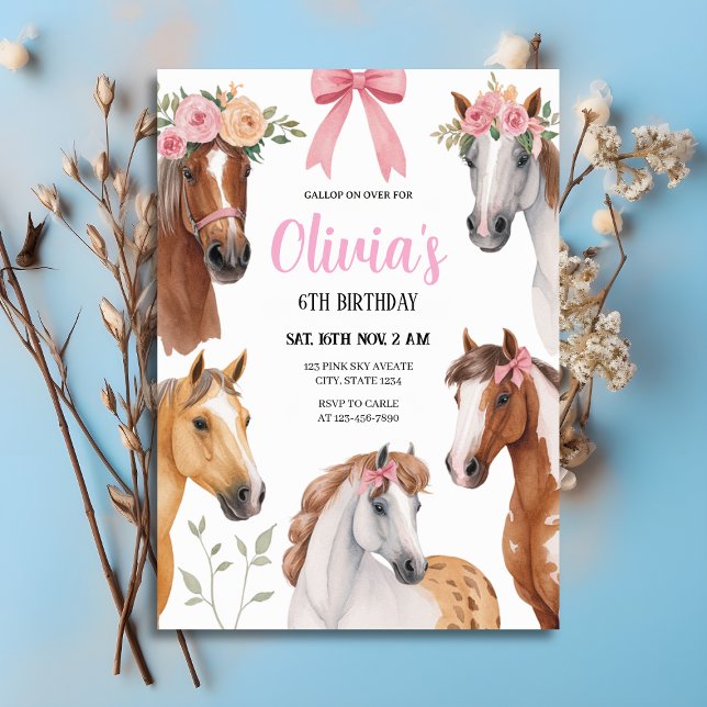 Invitación Gallop On Over Floral Horses & Bows Birthday (Gallop On Over Floral Horses & Bows Birthday Invitation
)