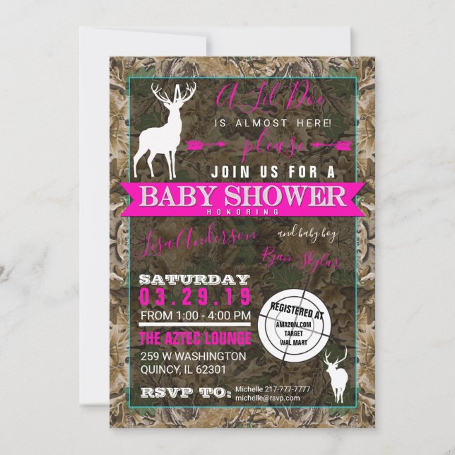 Invitación Gama de Baby Shower del chica de Camo de la caza (Anverso)