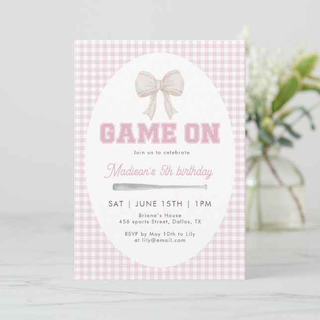Invitación Game On Baseball Bow Pink Gingham Preppy 5th  (Anverso de pie)