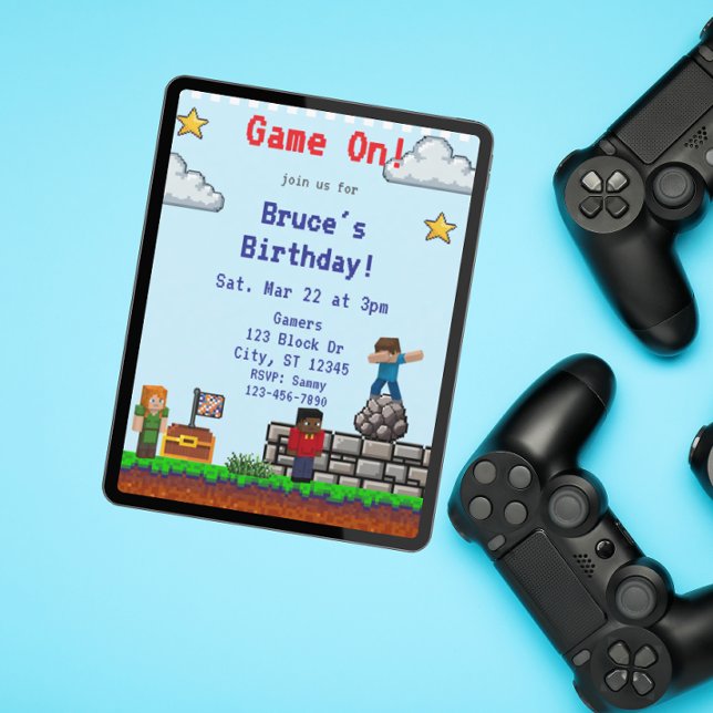 Invitación Game On! Pixel Block Game Birthday (Subido por el creador)