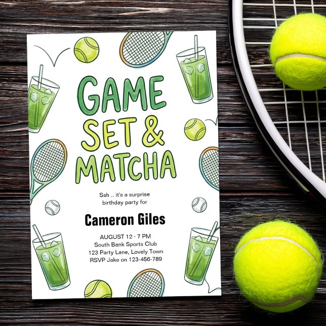 Invitación Game Set and Matcha Tennis Surprise Birthday (Invitation for tennis player, coach or tennis club with fun matcha and tenniscore aesthetic.)
