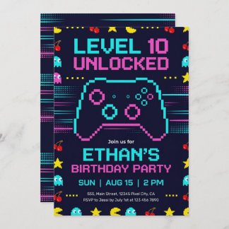 Invitación Gamer Birthday Invitation  Pixel Video Game Party