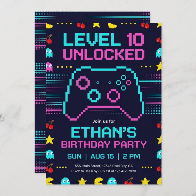 Invitación Gamer Birthday Invitation  Pixel Video Game Party (Anverso / Reverso)