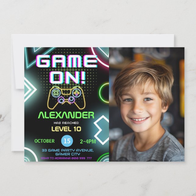 Invitación Gamer Boy 10.ª foto de cumpleaños de Neon Gaming (Anverso)