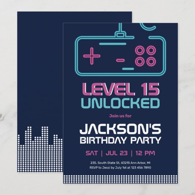 Invitación Gamer Boy Level Unlocked Video Games Blue Birday (Anverso / Reverso)