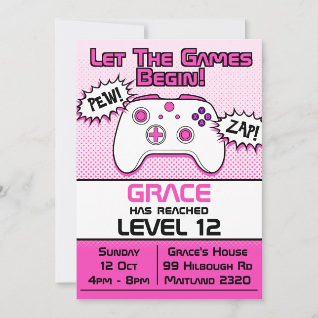 Invitación Gamer Chica Pink White Controller 12º cumpleaños (Anverso)