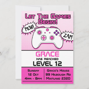 Invitación Gamer Chica Pink White Controller 12º cumpleaños