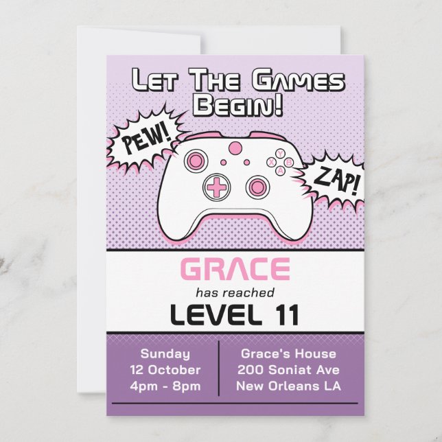 Invitación Gamer Chica Purple Controller 11º cumpleaños (Anverso)
