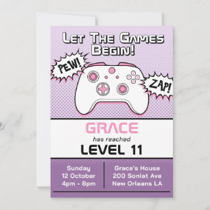 Invitación Gamer Chica Purple Controller 11º cumpleaños