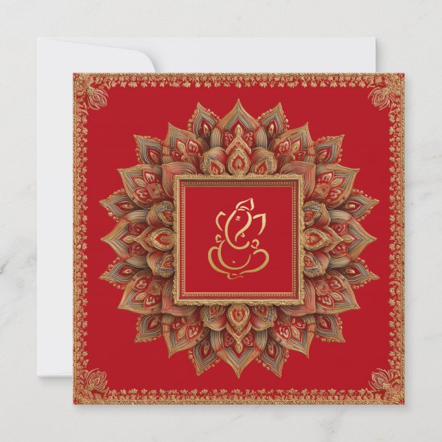 Invitación Ganesh Boda hindú de la etnia floral roja (Anverso)