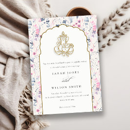 Invitación Ganesh Boda indio con flores silvestres de oro de