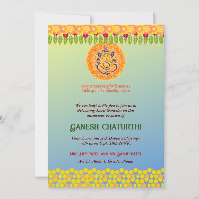 Invitación Ganesh Chaturthi Floral Colorful (Anverso)