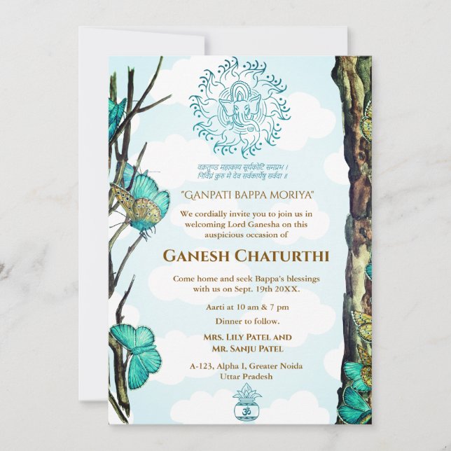 Invitación Ganesh Chaturthi Puja Mariposa (Anverso)
