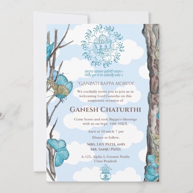 Invitación Ganesh Chaturthi Puja Mariposa (Anverso)