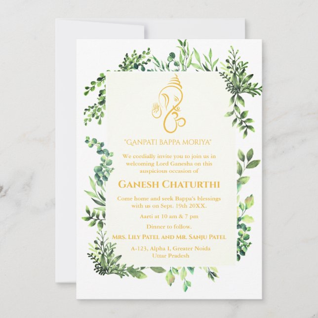 Invitación Ganesh Chaturthi Puja Minimal Leafy Tropical (Anverso)