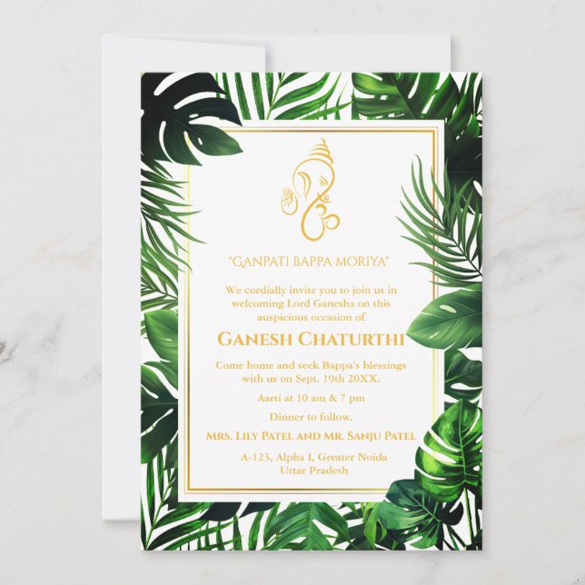 Invitación Ganesh Chaturthi Puja Minimal Leafy Tropical (Anverso)