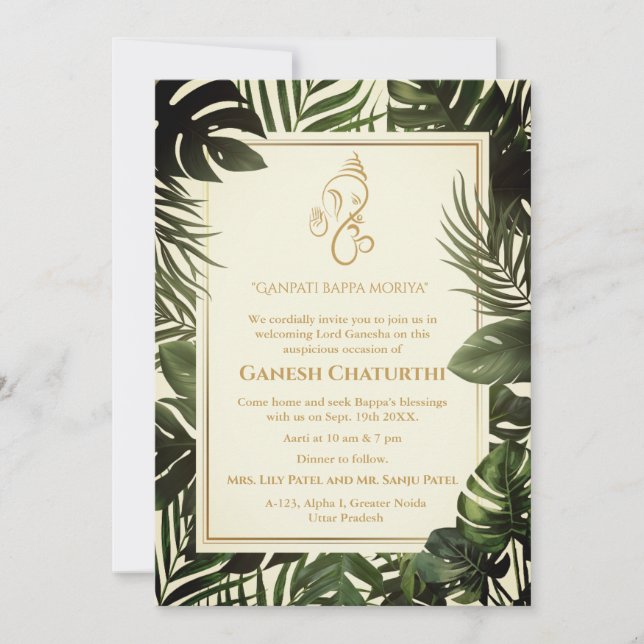 Invitación Ganesh Chaturthi Puja Minimal Leafy Tropical (Anverso)
