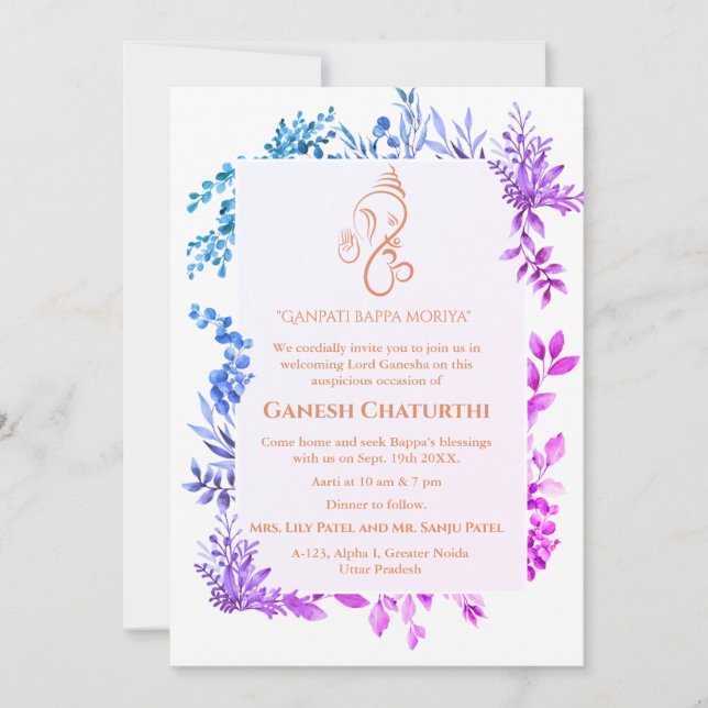 Invitación Ganesh Chaturthi Puja Minimal Leafy Tropical (Anverso)