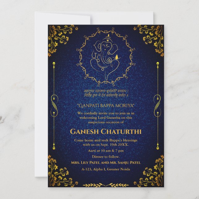 Invitación Ganesh Chaturthi Puja Purpurina y oro (Anverso)