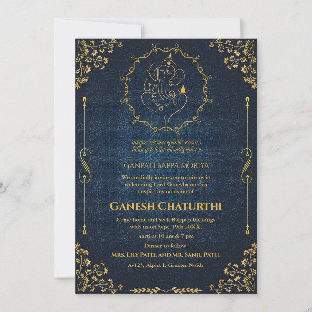 Invitación Ganesh Chaturthi Puja Purpurina y oro (Anverso)