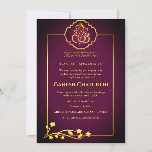 Invitación Ganesh Chaturthi Puja Royal Golden (Anverso)