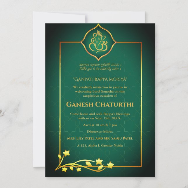 Invitación Ganesh Chaturthi Puja Royal Golden (Anverso)