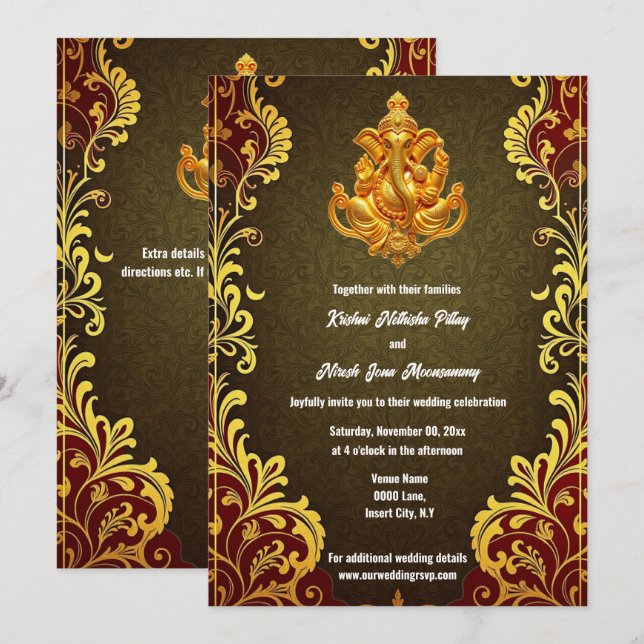 Invitación Ganesh de oro verde indio tradicional hindi (Anverso / Reverso)