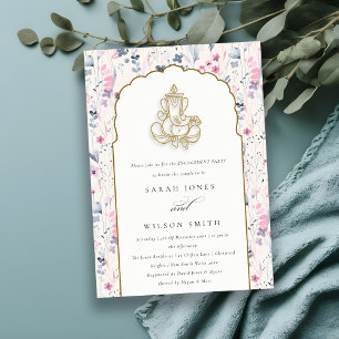 Invitación Ganesh Indian Engagement, flor silvestre Rubor Gol